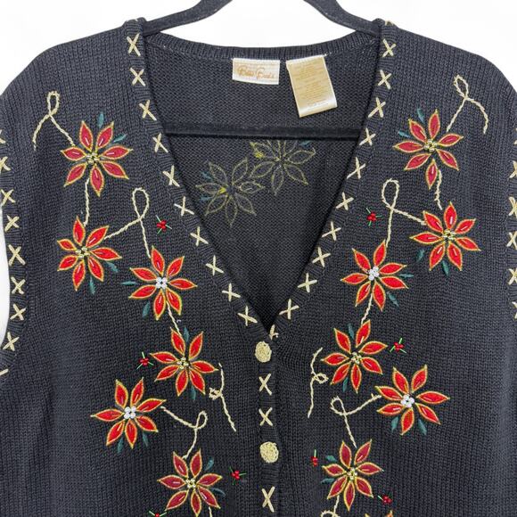 Vintage Bobbie Brooks XL Poinsettia Holiday Sweater Vest Grandmacore Beaded - Picture 2 of 7